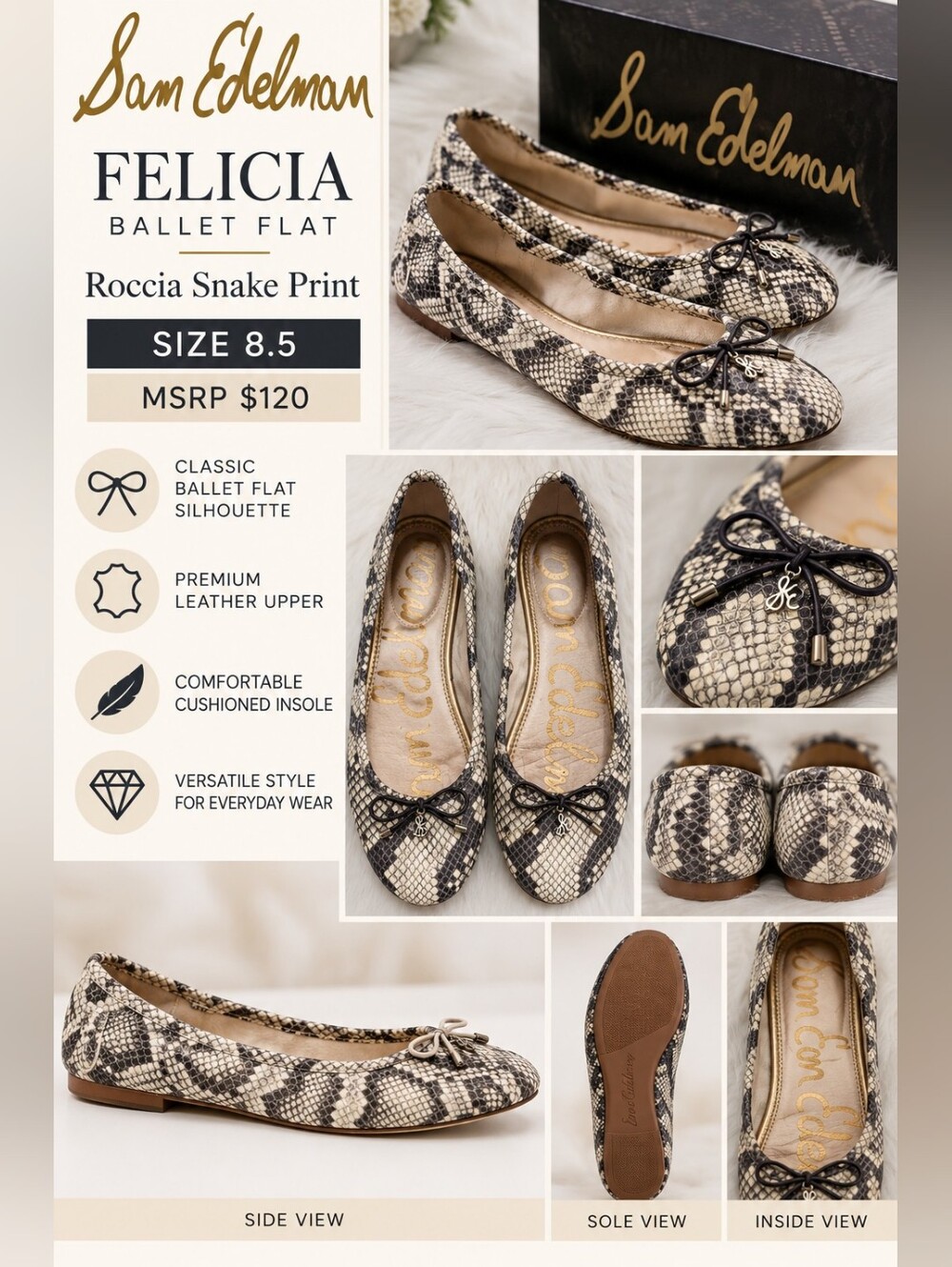 NIB Sam Edelman Felicia Ballet Flat in Roccia Snake Print - Size 8.5